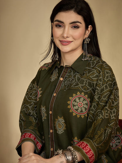 Rayon Hip Length Printed 3/4 Sleeve Shirt Collar Flared Top (Preorder)