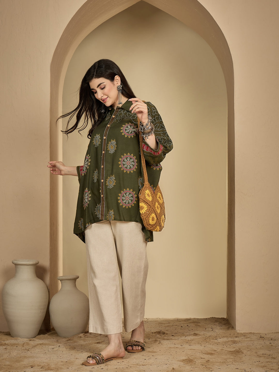 Rayon Hip Length Printed 3/4 Sleeve Shirt Collar Flared Top