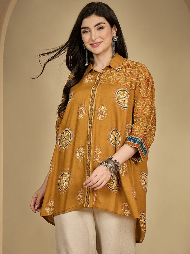 Rayon Hip Length Printed 3/4 Sleeve Shirt Collar Flared Top