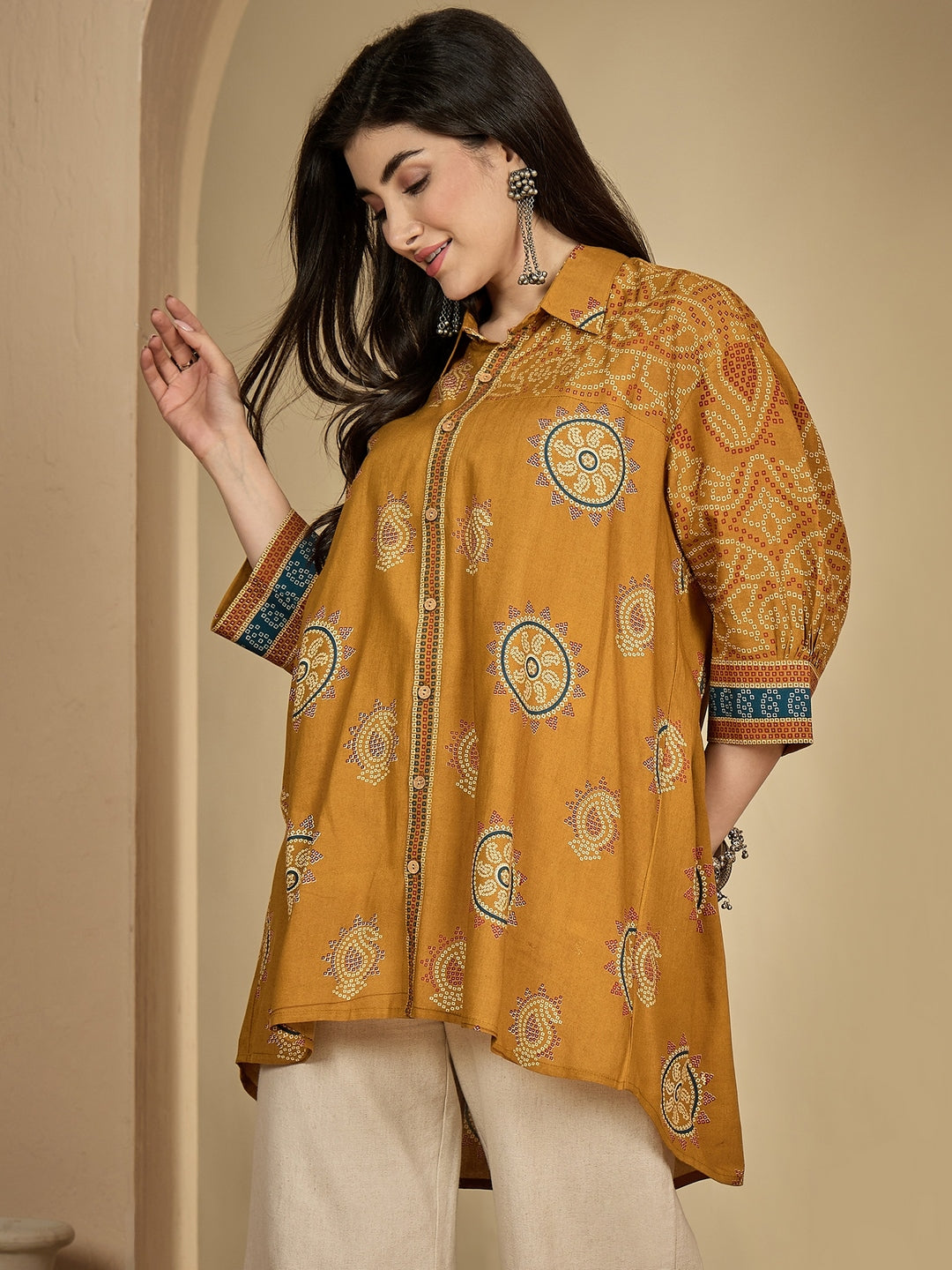 Rayon Hip Length Printed 3/4 Sleeve Shirt Collar Flared Top (Preorder)