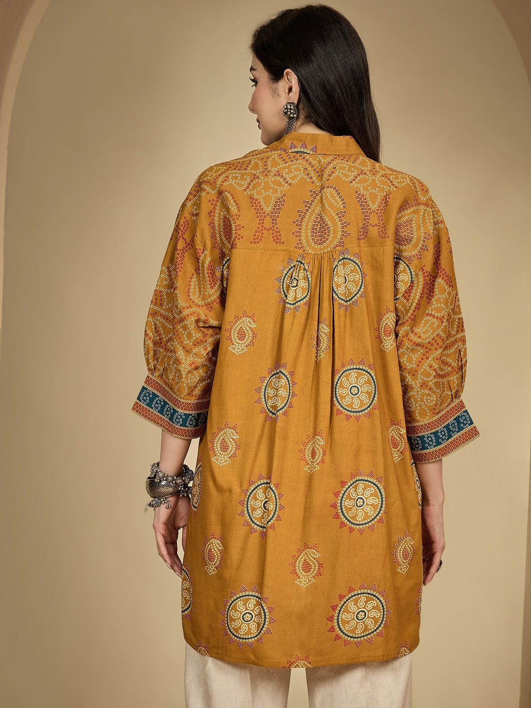 Rayon Hip Length Printed 3/4 Sleeve Shirt Collar Flared Top