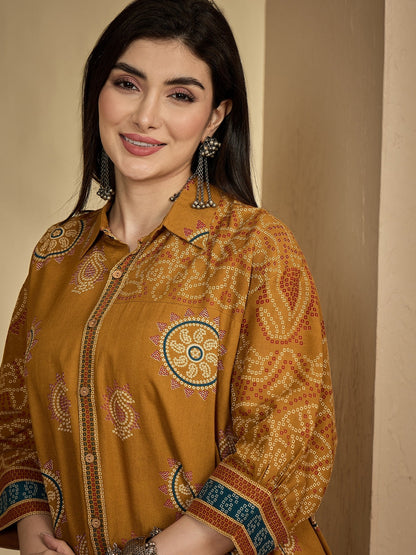 Rayon Hip Length Printed 3/4 Sleeve Shirt Collar Flared Top