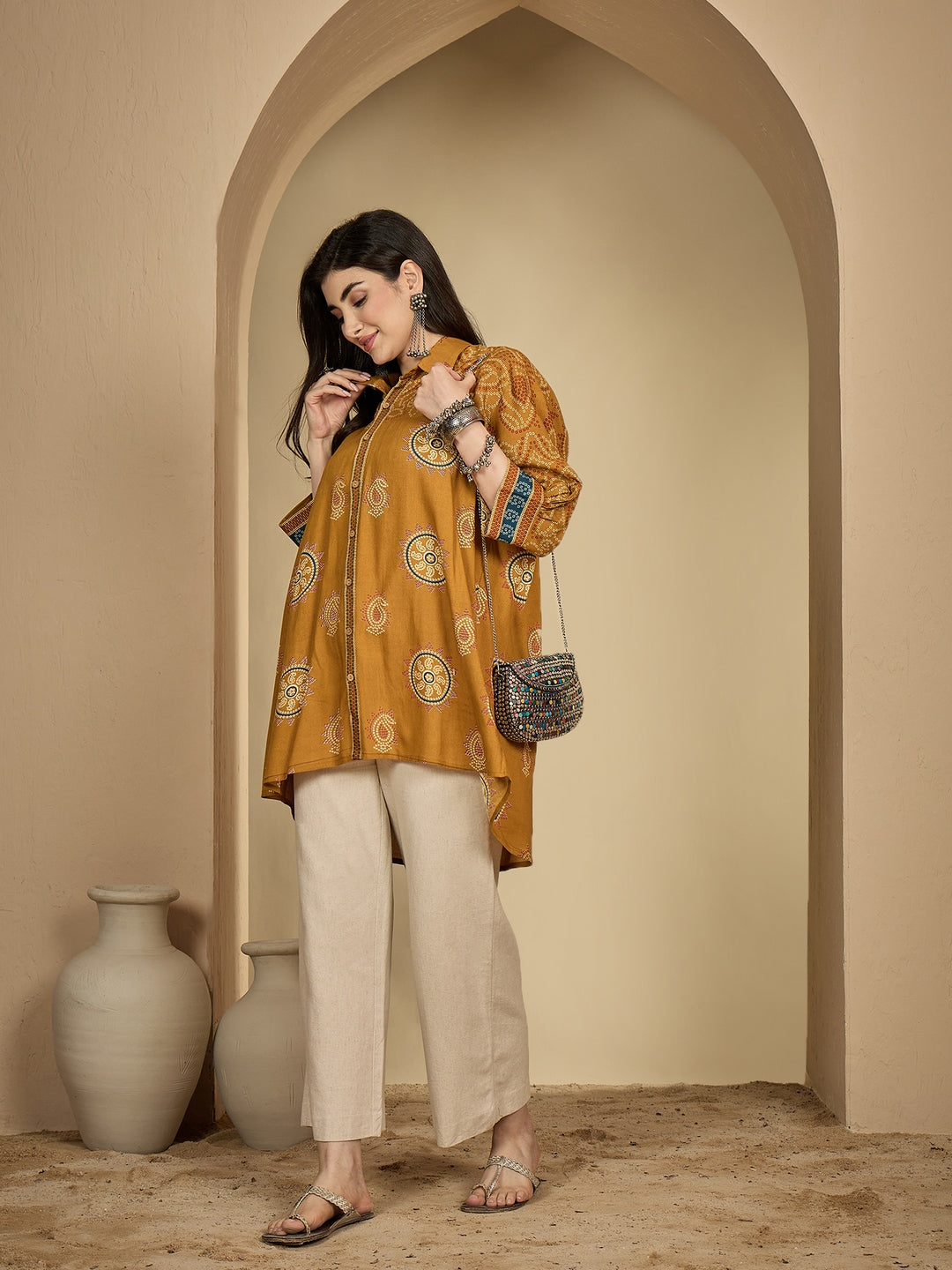 Rayon Hip Length Printed 3/4 Sleeve Shirt Collar Flared Top