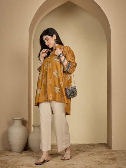 Rayon Hip Length Printed 3/4 Sleeve Shirt Collar Flared Top