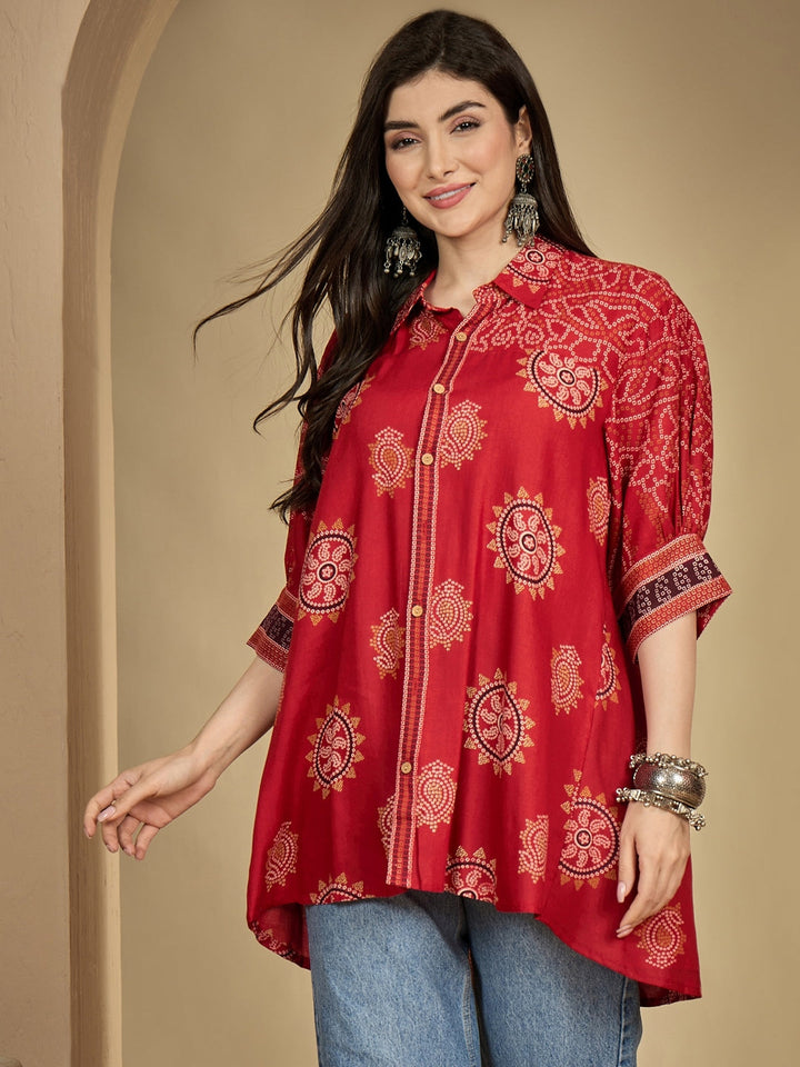 Rayon Hip Length Printed 3/4 Sleeve Shirt Collar Flared Top