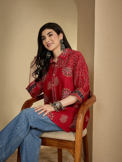 Rayon Hip Length Printed 3/4 Sleeve Shirt Collar Flared Top (Preorder)