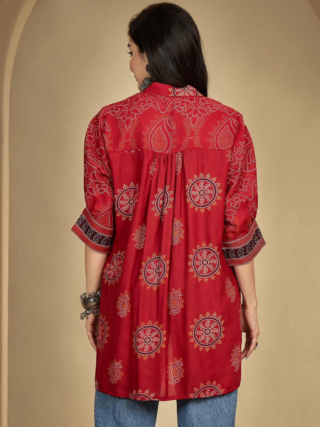 Rayon Hip Length Printed 3/4 Sleeve Shirt Collar Flared Top