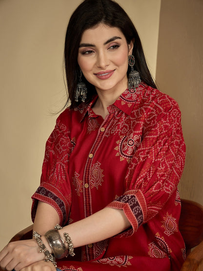 Rayon Hip Length Printed 3/4 Sleeve Shirt Collar Flared Top (Preorder)