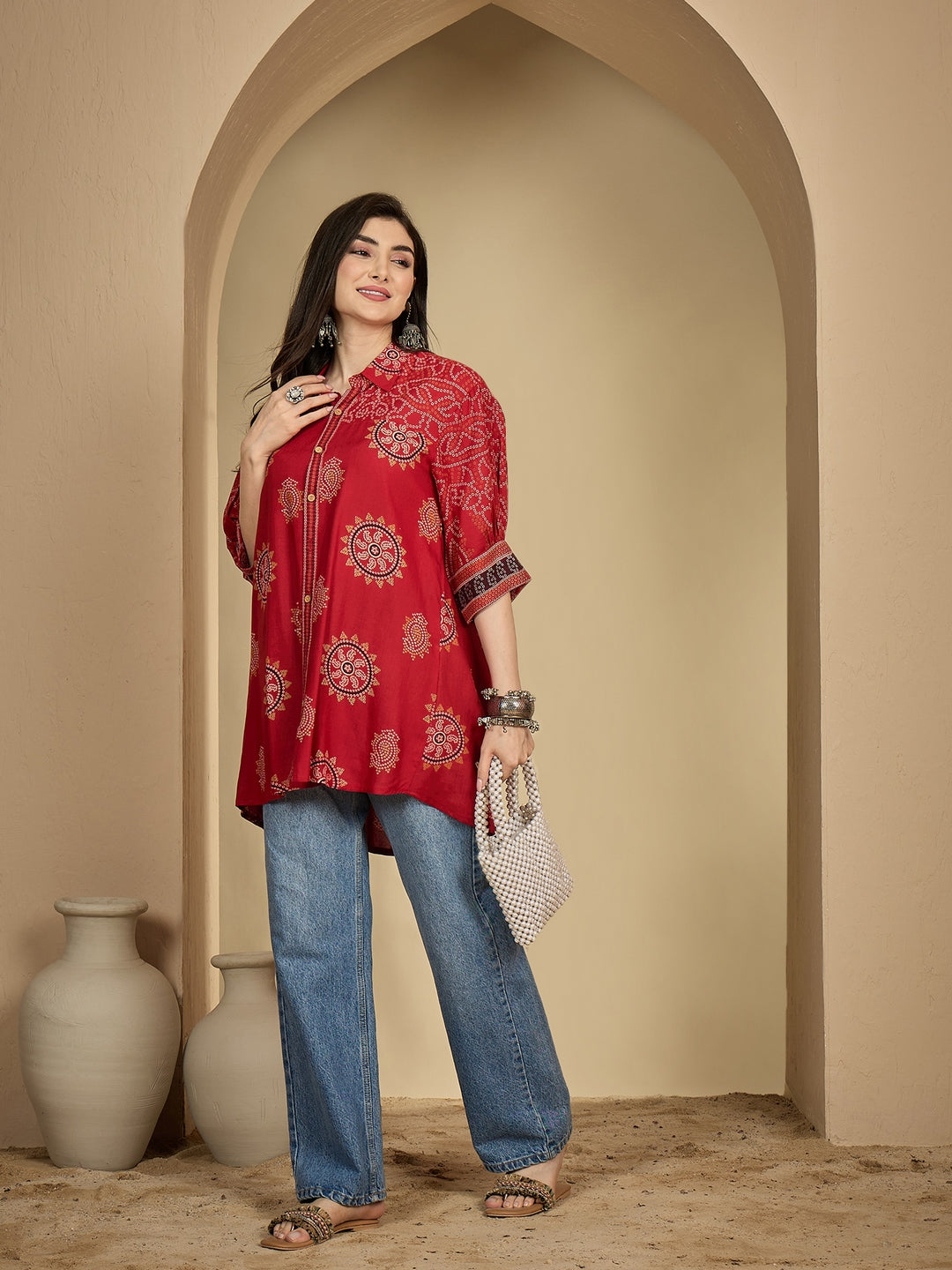 Rayon Hip Length Printed 3/4 Sleeve Shirt Collar Flared Top