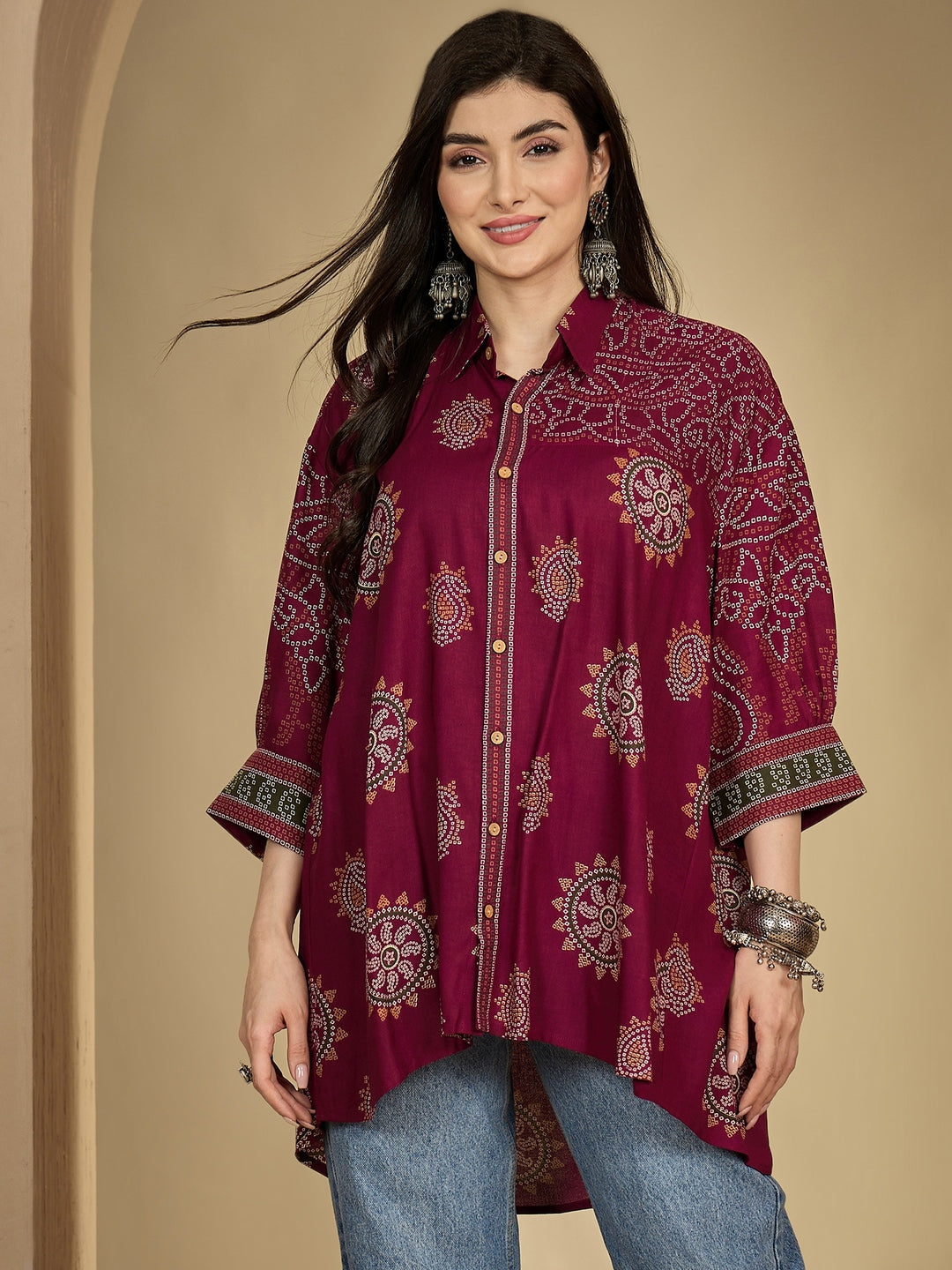 Rayon Hip Length Printed 3/4 Sleeve Shirt Collar Flared Top