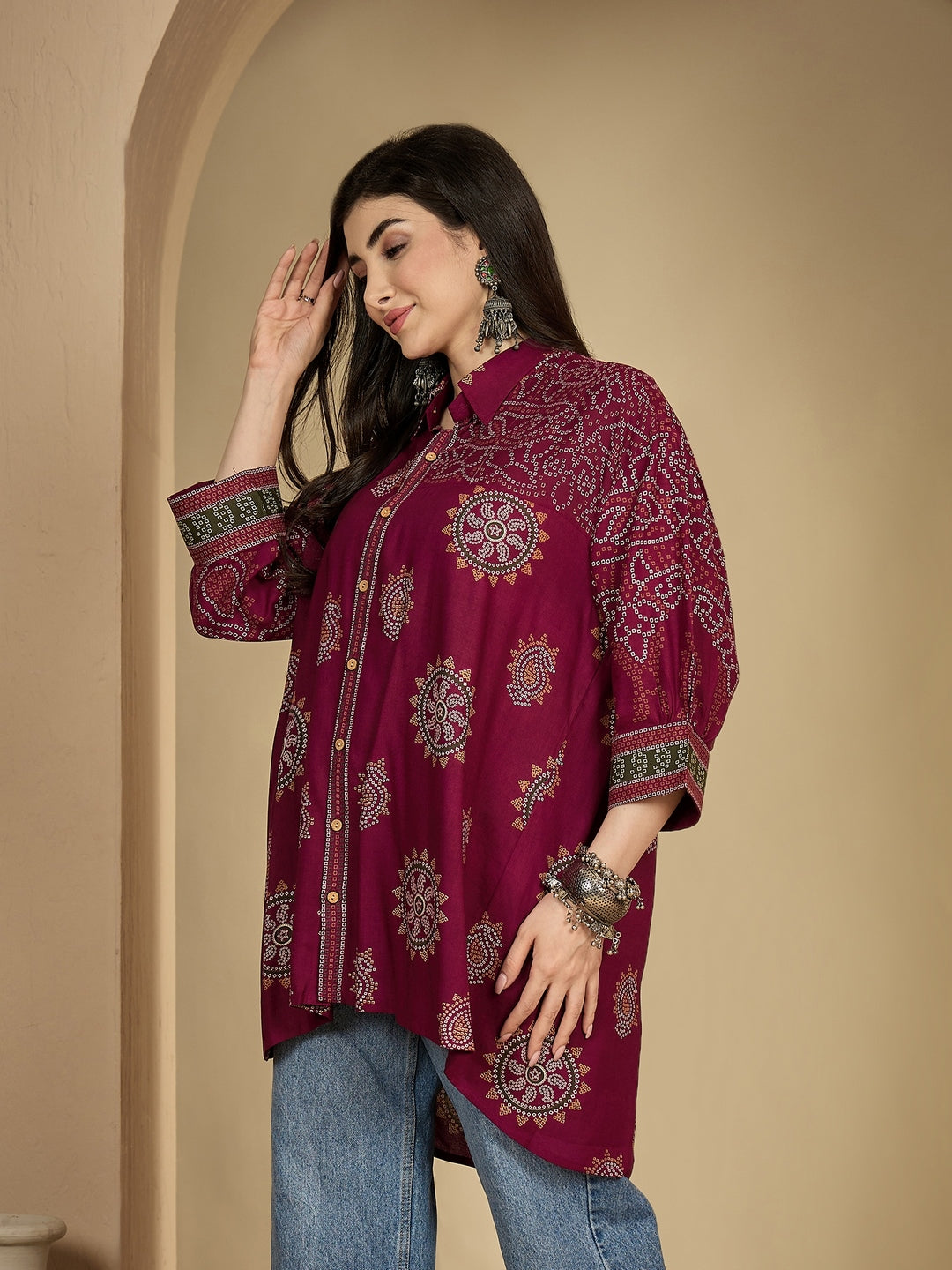 Rayon Hip Length Printed 3/4 Sleeve Shirt Collar Flared Top