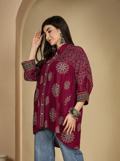 Rayon Hip Length Printed 3/4 Sleeve Shirt Collar Flared Top