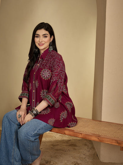 Rayon Hip Length Printed 3/4 Sleeve Shirt Collar Flared Top (Preorder)