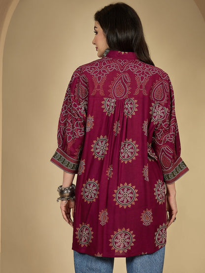 Rayon Hip Length Printed 3/4 Sleeve Shirt Collar Flared Top