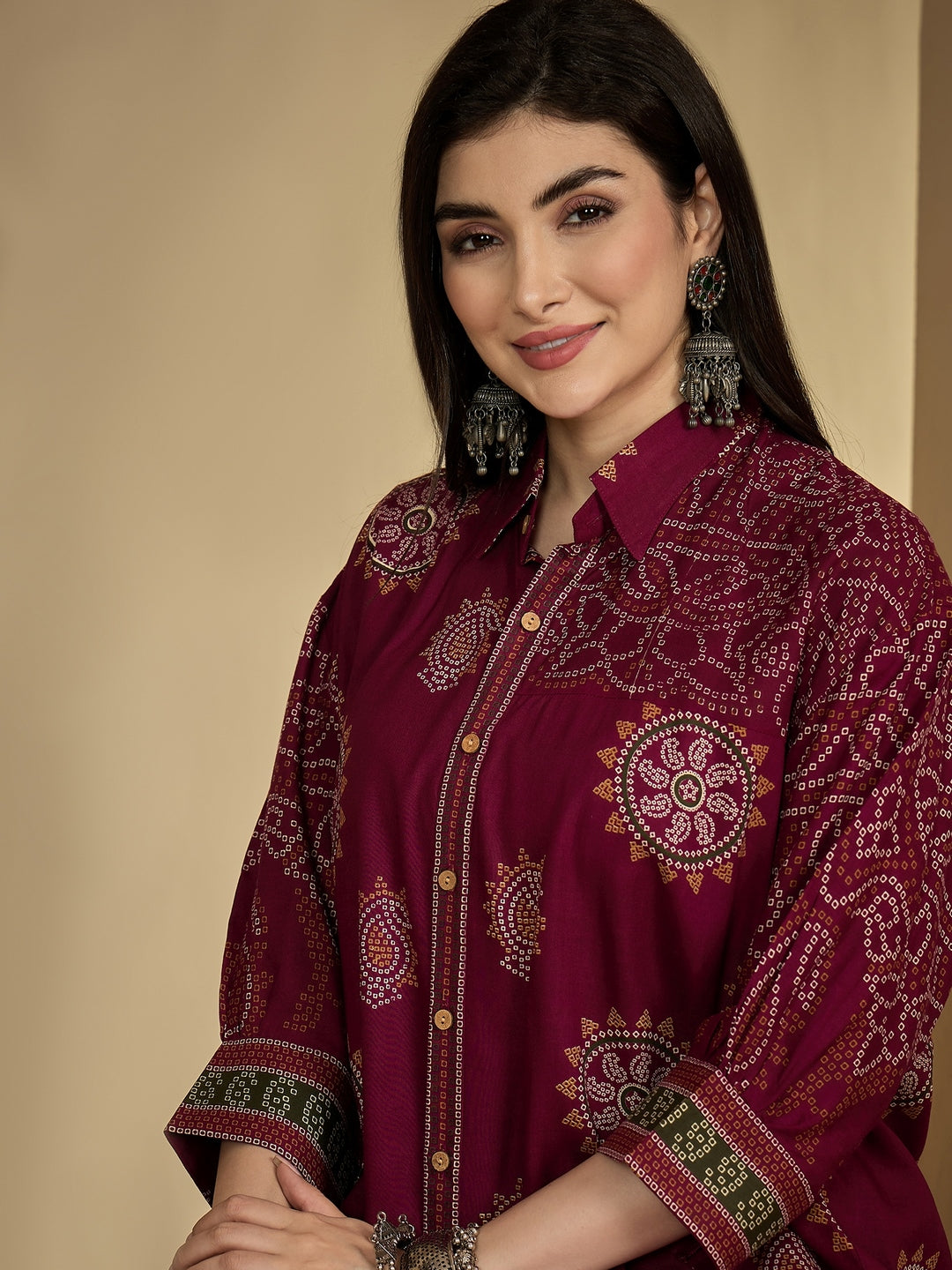 Rayon Hip Length Printed 3/4 Sleeve Shirt Collar Flared Top (Preorder)