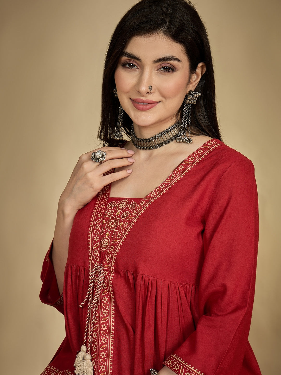 Rayon Hip Length Printed 3/4 Sleeve Square Flared Top