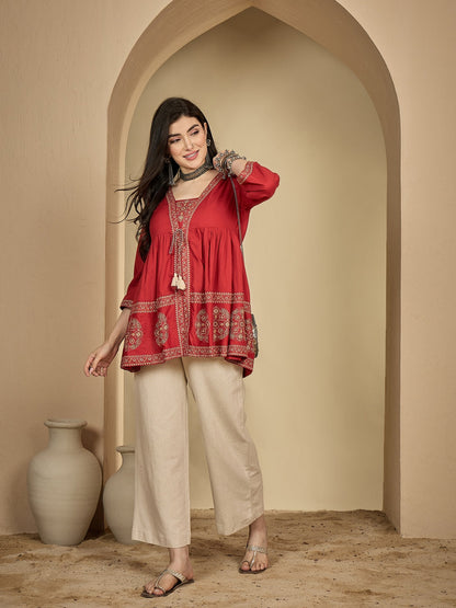 Rayon Hip Length Printed 3/4 Sleeve Square Flared Top (Preorder)