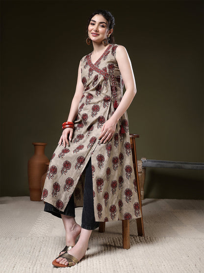 A-line Printed Viscose Rayon V-Neck Kurta