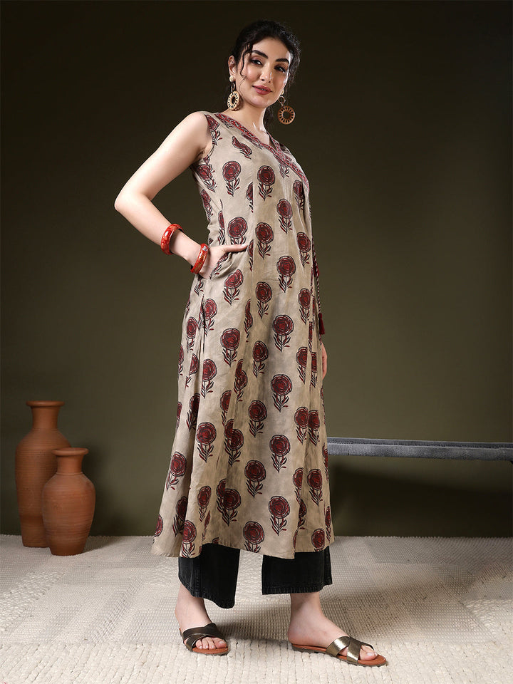 A-line Printed Viscose Rayon V-Neck Kurta