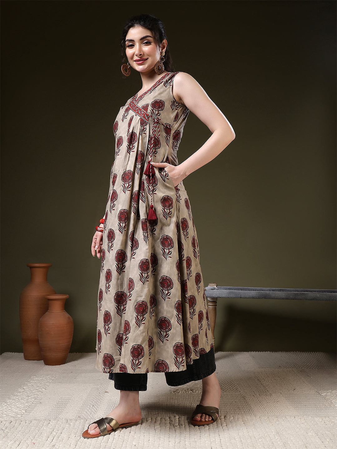 A-line Printed Viscose Rayon V-Neck Kurta