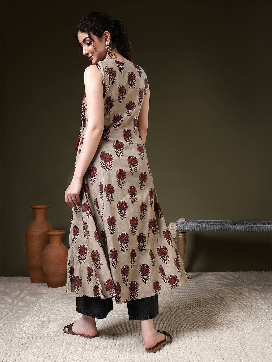 A-line Printed Viscose Rayon V-Neck Kurta