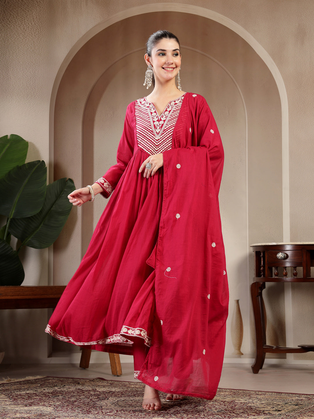 Cotton Calf Length Solid 3/4 Sleeve Round Neck Flared Kurta Suit Set With Dupatta