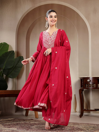 Cotton Calf Length Solid 3/4 Sleeve Round Neck Flared Kurta Suit Set With Dupatta