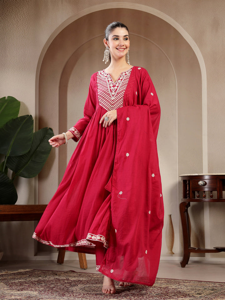 Cotton Calf Length Solid 3/4 Sleeve Round Neck Flared Kurta Suit Set With Dupatta