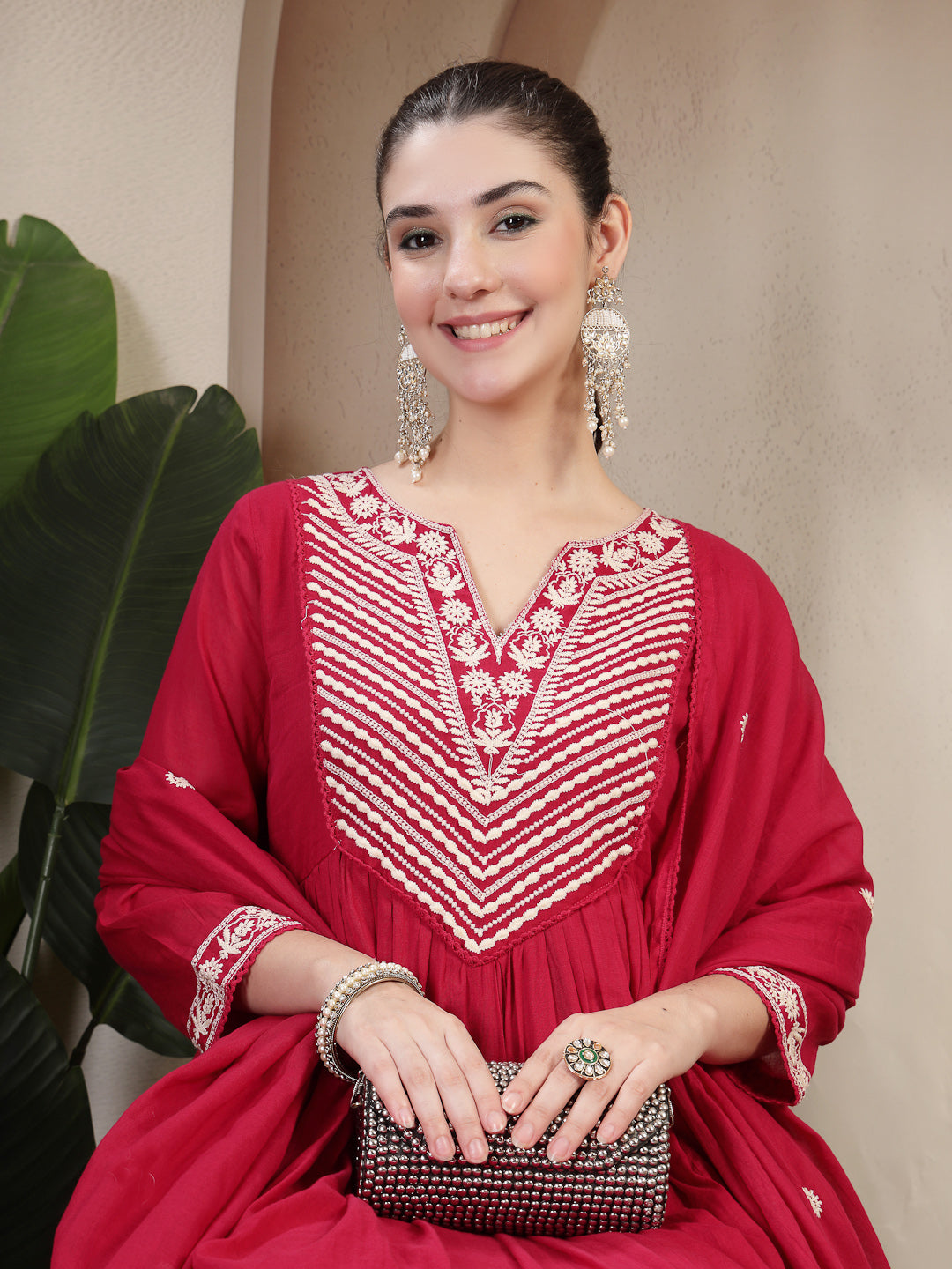 Cotton Calf Length Solid 3/4 Sleeve Round Neck Flared Kurta Suit Set With Dupatta