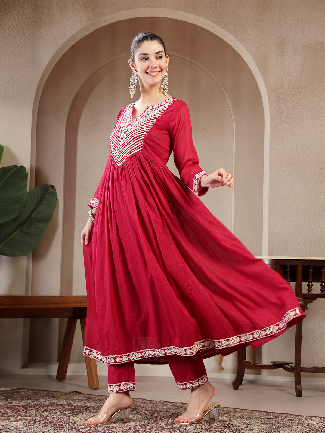 Cotton Calf Length Solid 3/4 Sleeve Round Neck Flared Kurta Suit Set With Dupatta