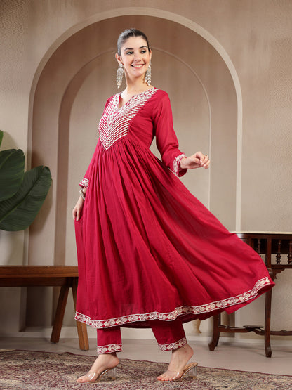 Cotton Calf Length Solid 3/4 Sleeve Round Neck Flared Kurta Suit Set With Dupatta