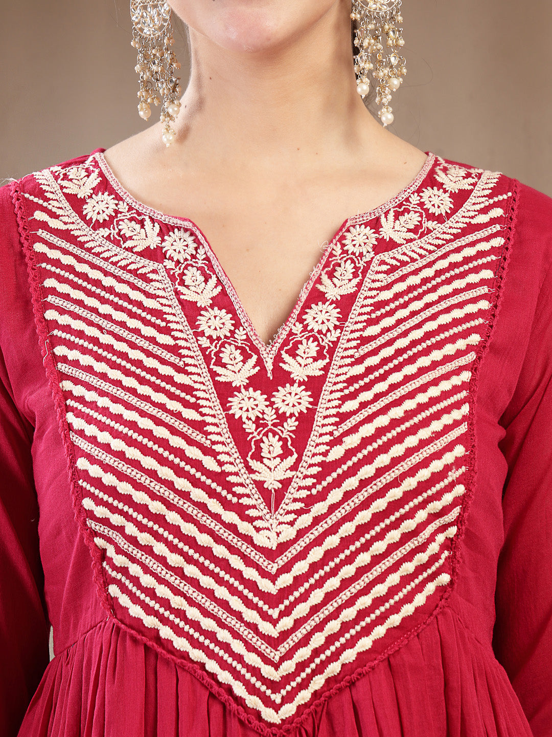 Cotton Calf Length Solid 3/4 Sleeve Round Neck Flared Kurta Suit Set With Dupatta