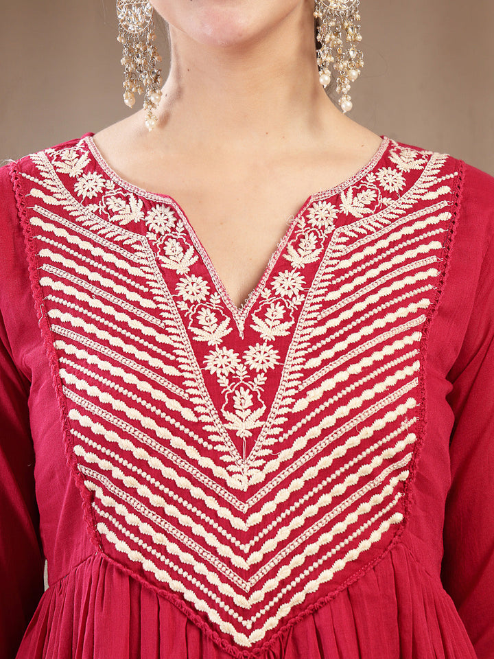 Cotton Calf Length Solid 3/4 Sleeve Round Neck Flared Kurta Suit Set With Dupatta