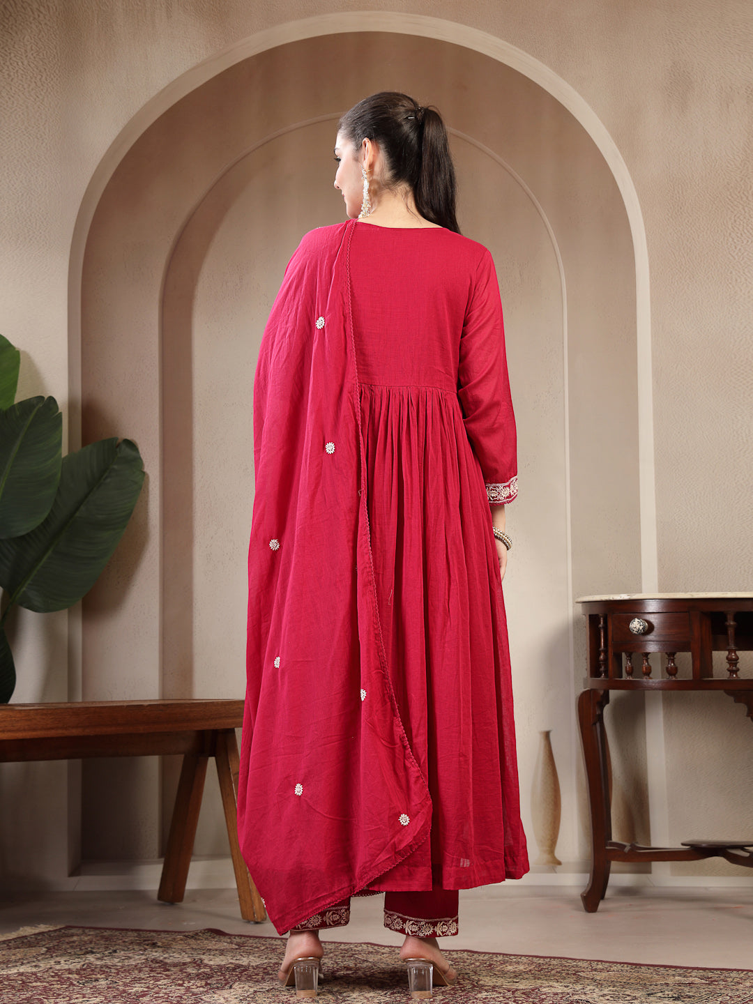 Cotton Calf Length Solid 3/4 Sleeve Round Neck Flared Kurta Suit Set With Dupatta