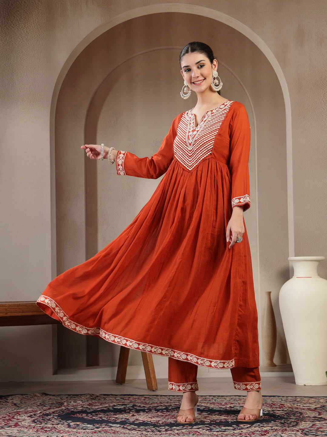 Cotton Calf Length Solid 3/4 Sleeve Round Neck Flared Kurta Suit Set With Dupatta