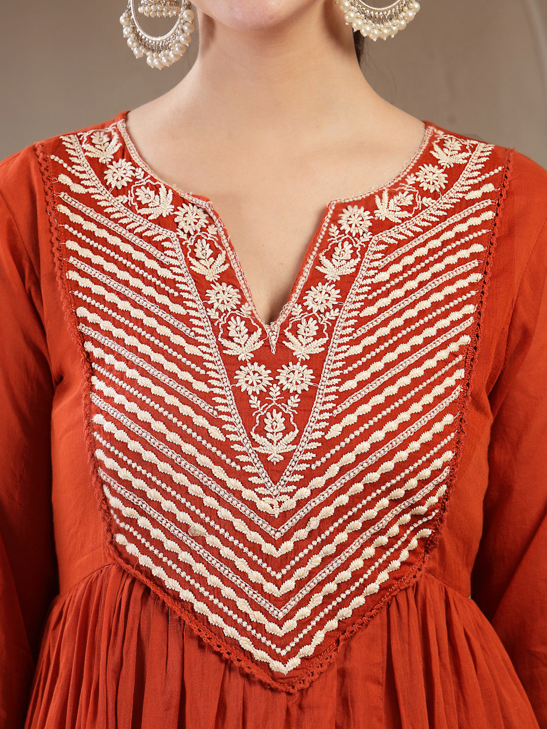 Cotton Calf Length Solid 3/4 Sleeve Round Neck Flared Kurta Suit Set With Dupatta