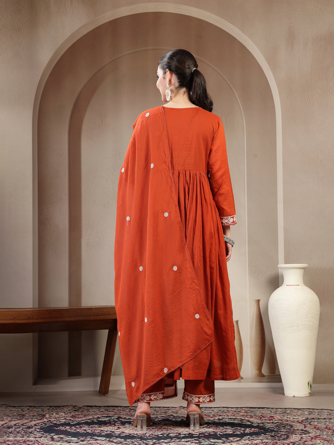 Cotton Calf Length Solid 3/4 Sleeve Round Neck Flared Kurta Suit Set With Dupatta (Pre-Order)