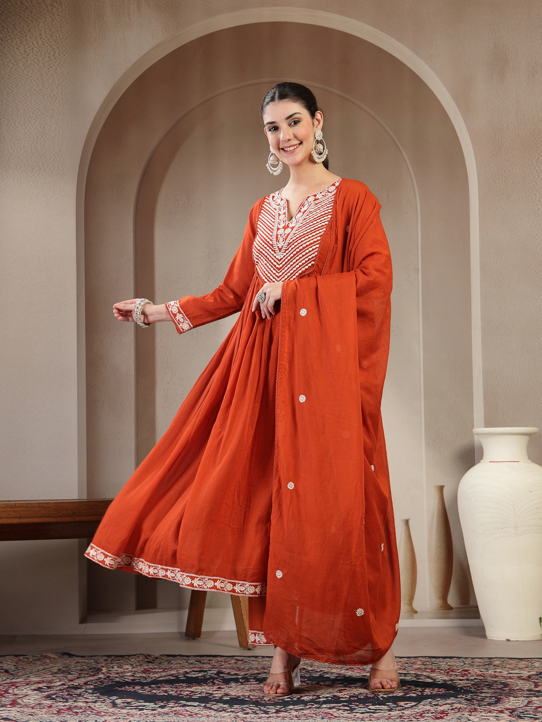 Cotton Calf Length Solid 3/4 Sleeve Round Neck Flared Kurta Suit Set With Dupatta