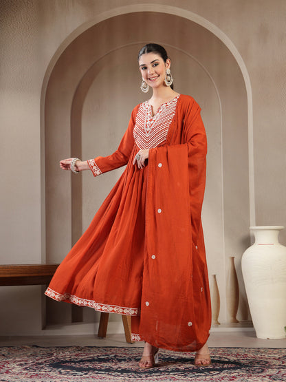 Cotton Calf Length Solid 3/4 Sleeve Round Neck Flared Kurta Suit Set With Dupatta