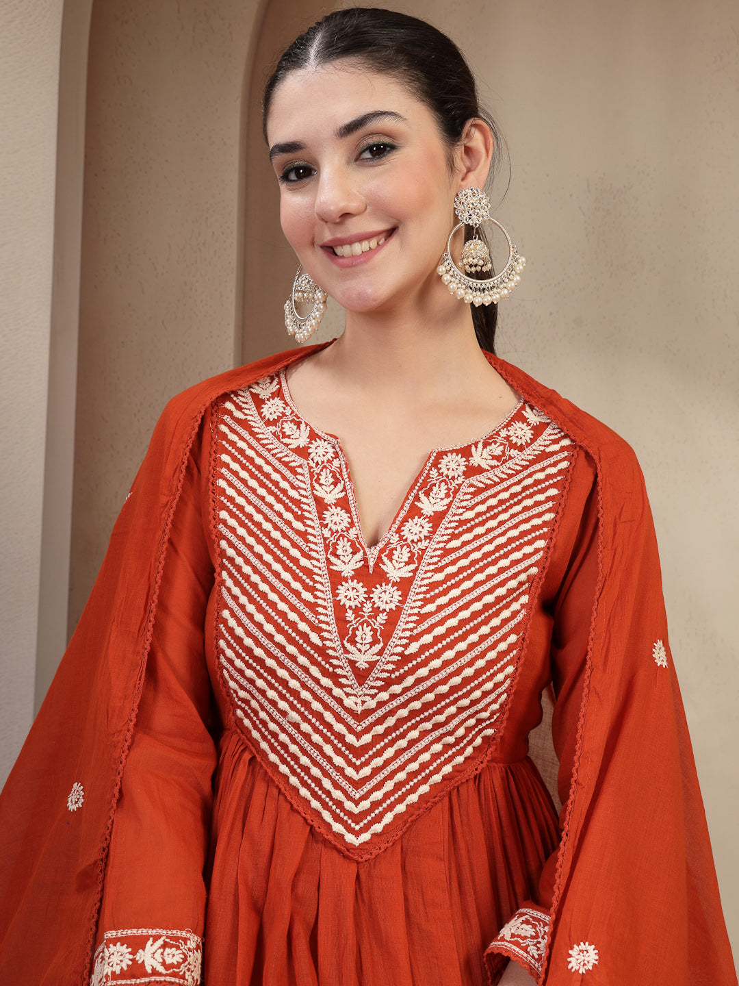 Cotton Calf Length Solid 3/4 Sleeve Round Neck Flared Kurta Suit Set With Dupatta