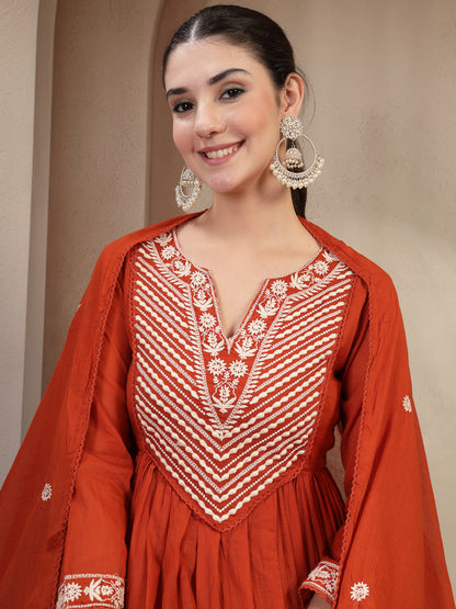 Cotton Calf Length Solid 3/4 Sleeve Round Neck Flared Kurta Suit Set With Dupatta