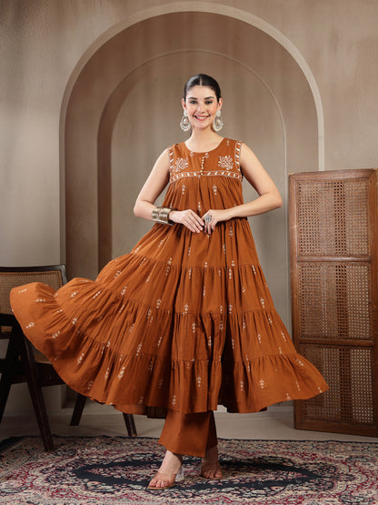 Cotton Calf Length Printed Sleeveless Round Neck Flared Kurta Suit Set With Dupatta (Pre-Order)