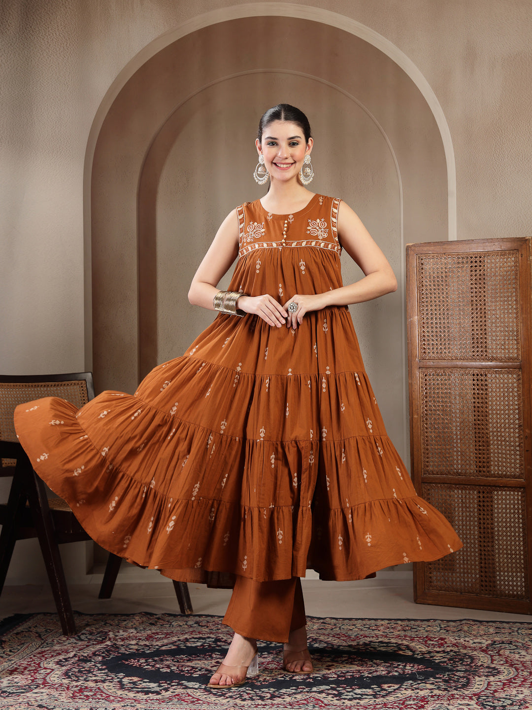 Cotton Calf Length Printed Sleeveless Round Neck Flared Kurta Suit Set With Dupatta