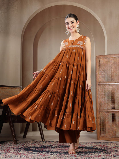 Cotton Calf Length Printed Sleeveless Round Neck Flared Kurta Suit Set With Dupatta