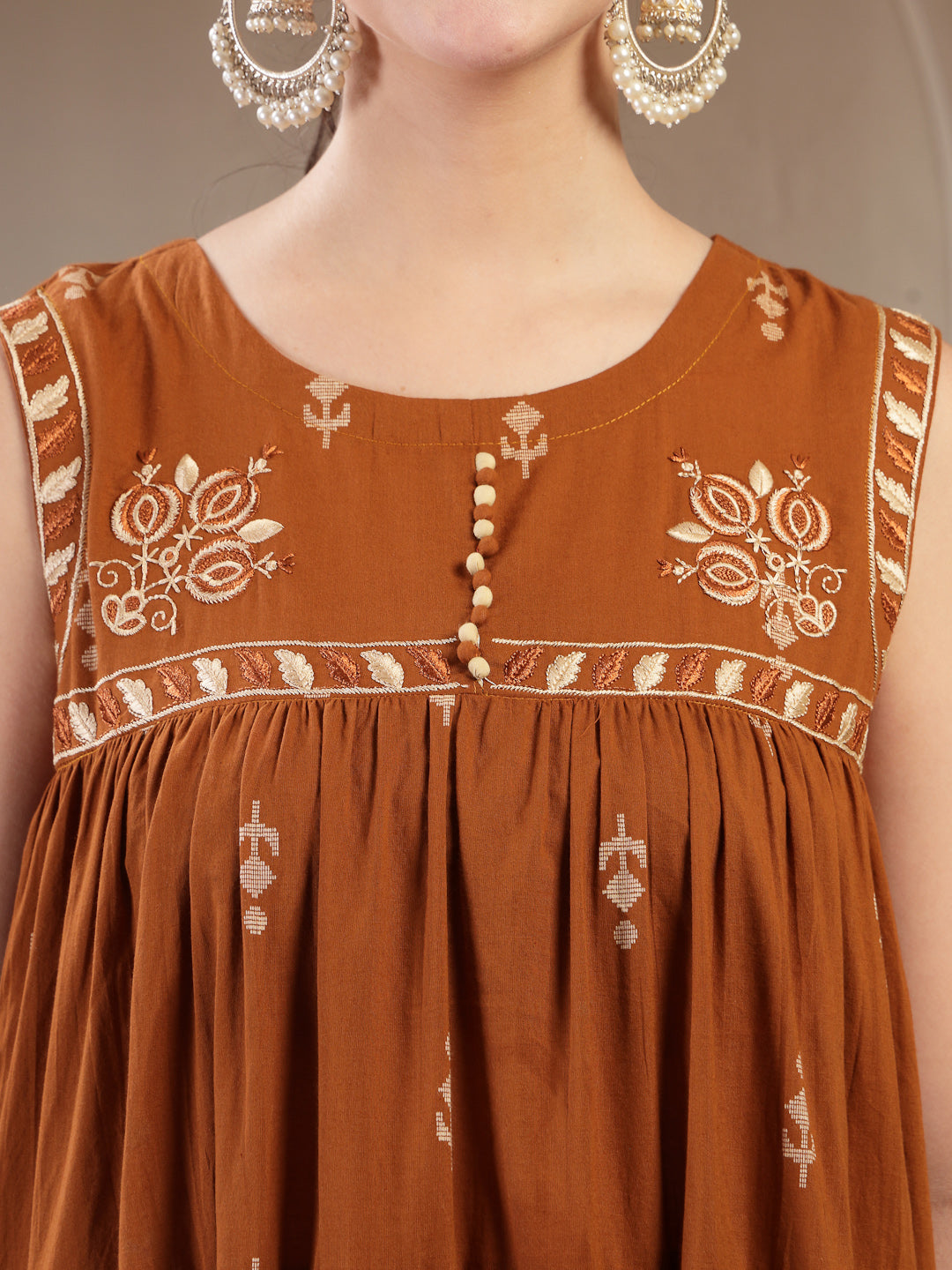 Cotton Calf Length Printed Sleeveless Round Neck Flared Kurta Suit Set With Dupatta