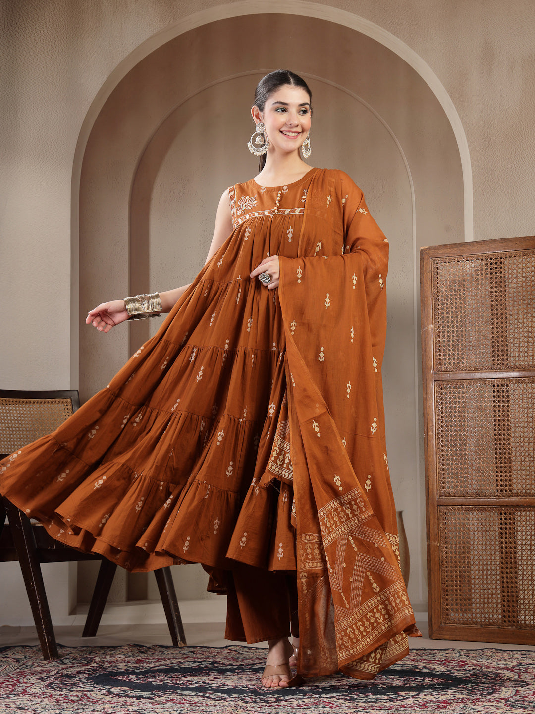 Cotton Calf Length Printed Sleeveless Round Neck Flared Kurta Suit Set With Dupatta