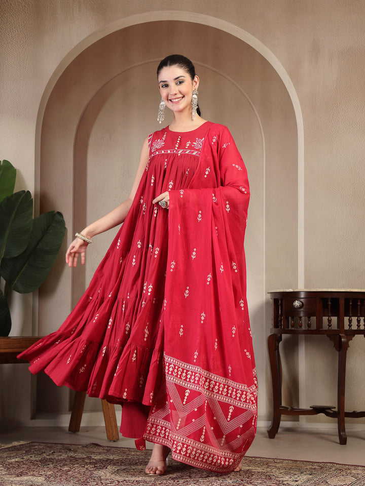 Cotton Calf Length Printed Sleeveless Round Neck Flared Kurta Suit Set With Dupatta