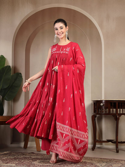 Cotton Calf Length Printed Sleeveless Round Neck Flared Kurta Suit Set With Dupatta (Pre-Order)