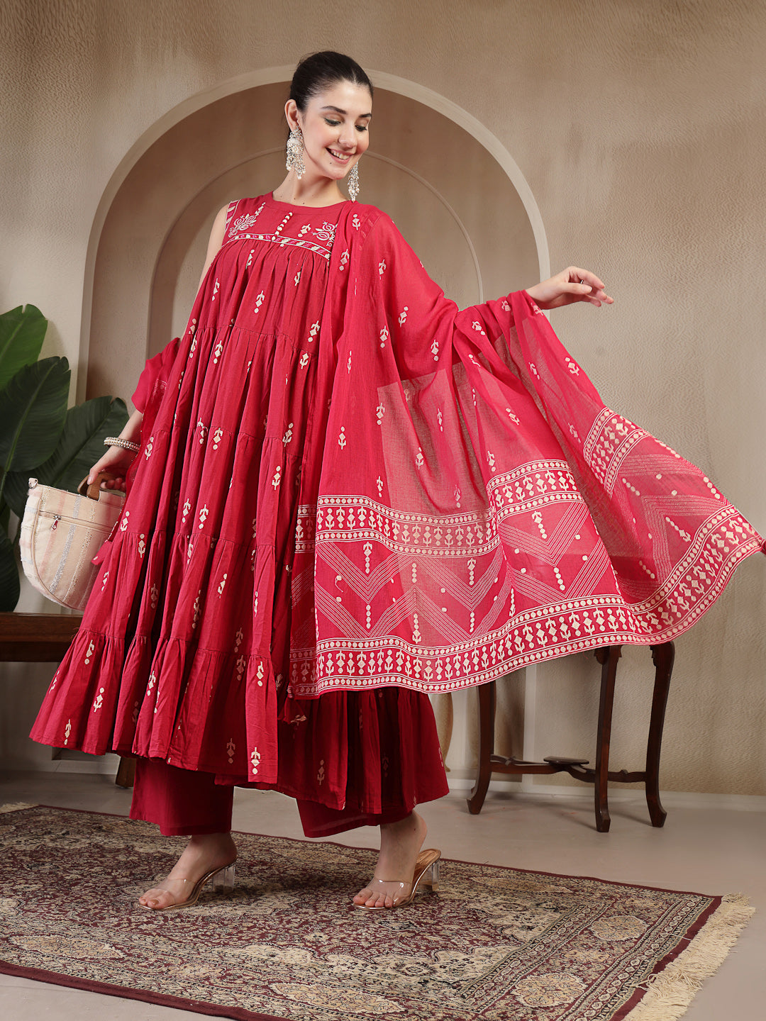 Cotton Calf Length Printed Sleeveless Round Neck Flared Kurta Suit Set With Dupatta