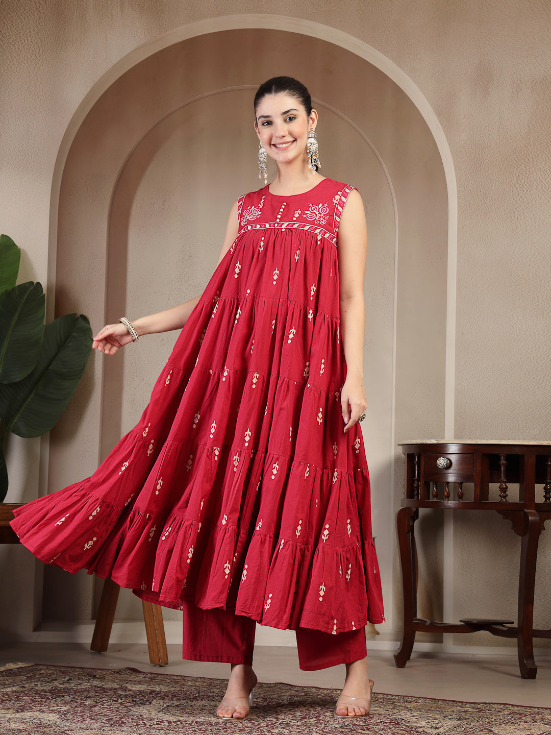 Cotton Calf Length Printed Sleeveless Round Neck Flared Kurta Suit Set With Dupatta